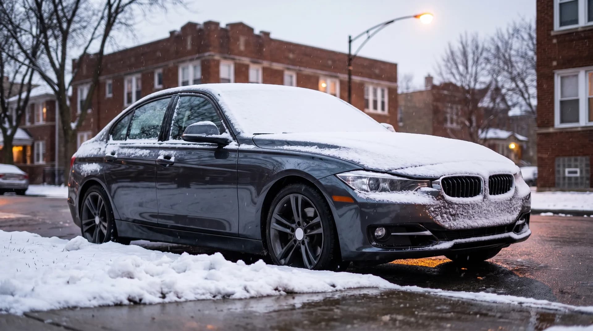 Graphite luxury sedan parked on a snowy Chicago street of brick two-flats at dusk under a glowing street lamp
