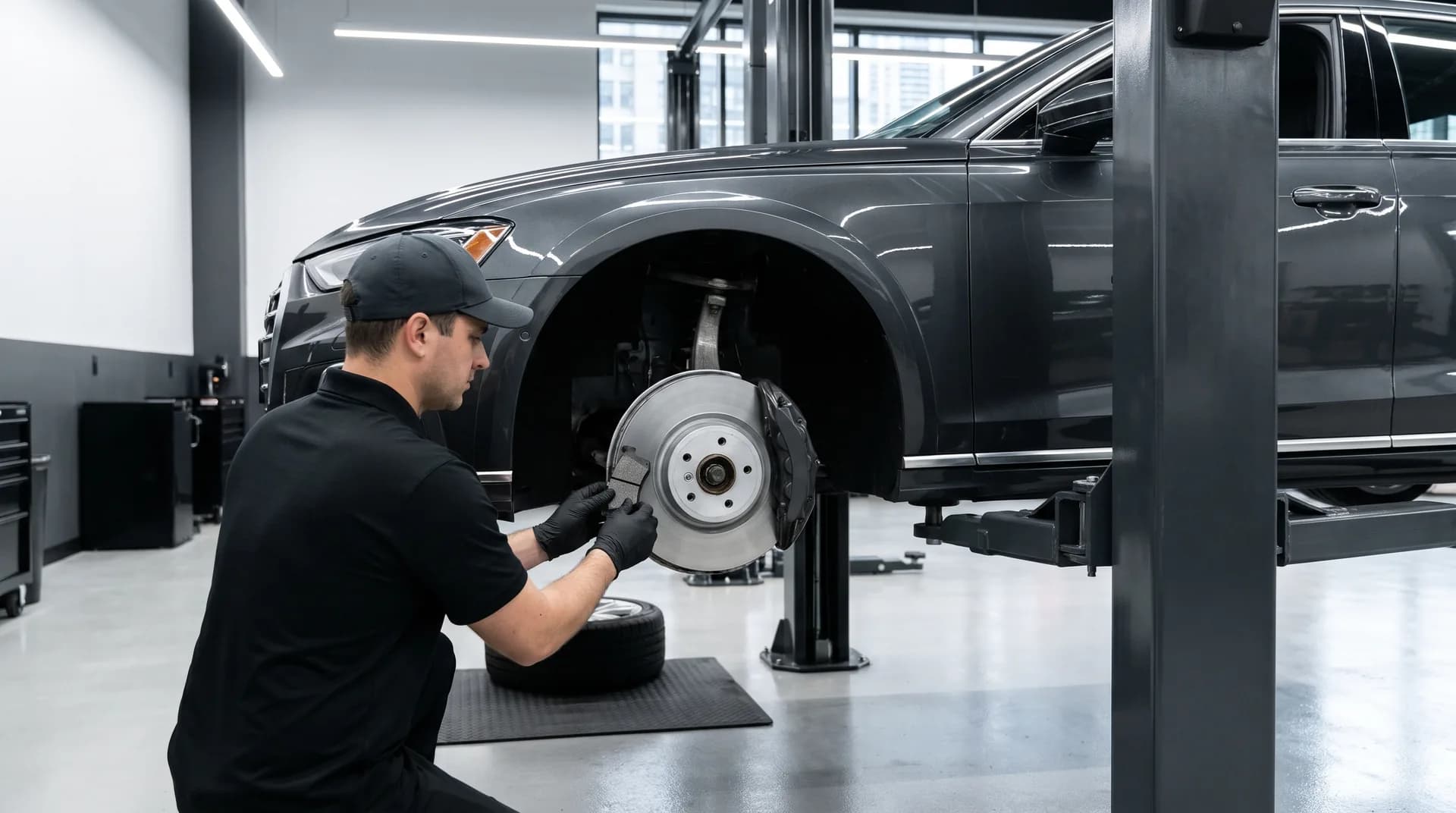 Technician fitting a new brake pad at the front rotor and caliper of a graphite luxury sedan on a lift