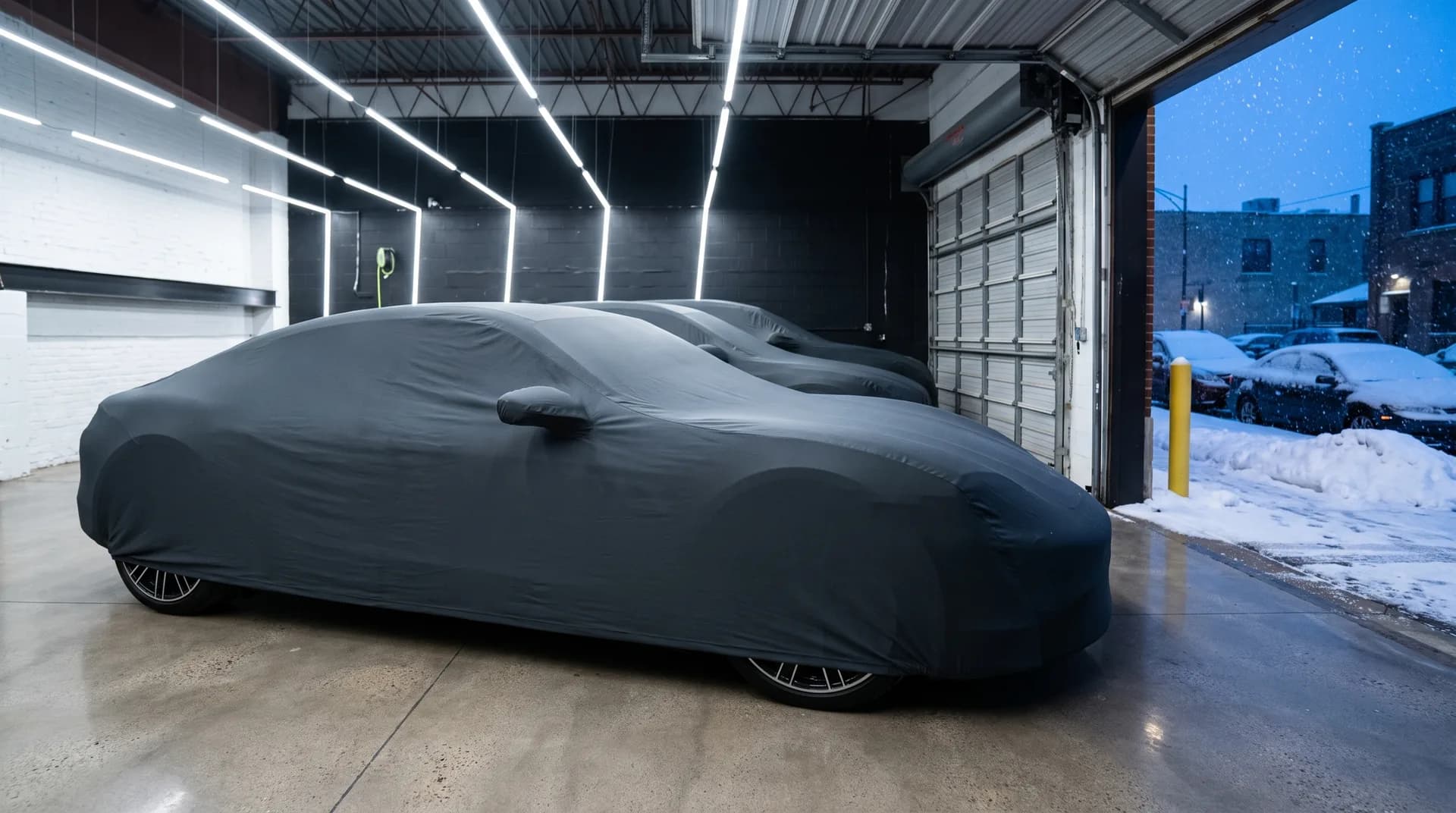 Sedan under a breathable grey car cover in a bright indoor storage bay while snow falls on a Chicago street outside